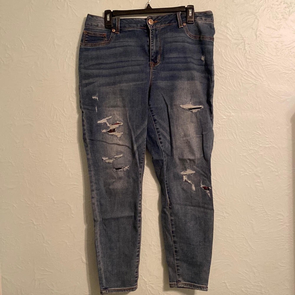 Maurice’s High Rise Distressed Plaid Skinny Jeans